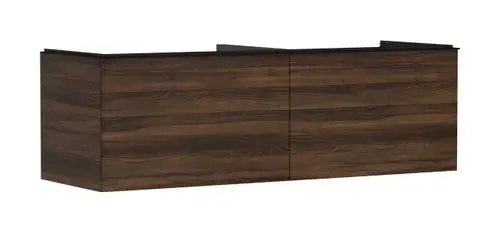 Waschtischunterschrank aus Holz in Nussbaum-Dunkel, mit zwei Schubkästen, geeignet für hansgrohe Waschbecken, geradliniges Design.